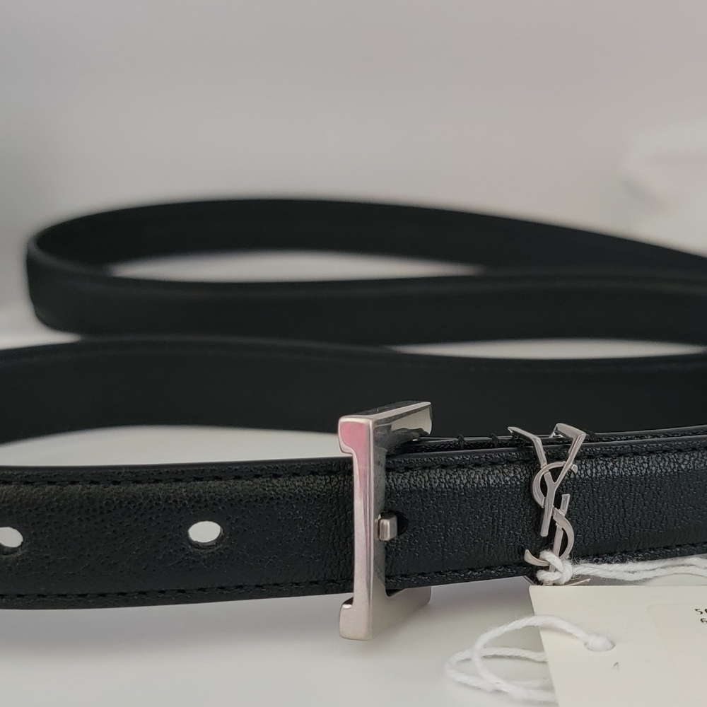 NWT Saint Laurent YSL Black Leather Belt with Silver Buckle - Picture 2 of 10
